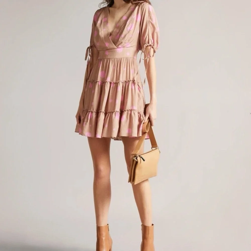 Ted Baker London Stefina Pastel Brown/Pink Polka Dot Tiered Mini Dres